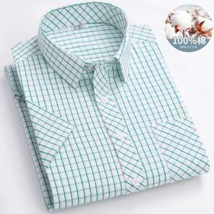 Paul Summer Mens Short Sleeve Shirt 100% Pure Cotton Loose Casual Thin Plaid Large Size Button Decorated Business Casual