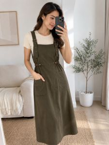 Preloved Olive/Army Green Pinafore Overall Midi Dress Adjustable Straps Side Drawstring Waist Large Front Pockets Soft Lightweight Fabric - M-L