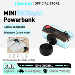 Cloema Mini Powerbank 5000mah Built in Cable Lanyard with 2 Ports Type-C&Lightning with Light Emergency Power Supply Rotate 350 ° as Stand