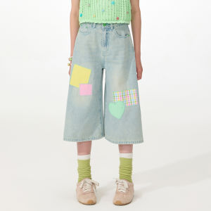 SASAKIDS Colorful Heart Patchwork Cool Cotton Linen Soft Denim Wide Leg Pants Summer Casual Style Seven-Foot Jeans for Kids