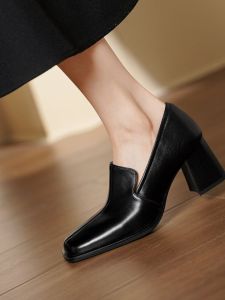 Top Layer Cowhide Deep Mouth Womens Single Shoes Spring Autumn New Coarse Heel Square Head Slip-On Loafers Commuter High Heels