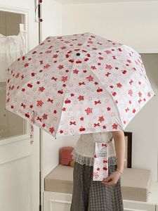 ร่มกันแดดกันฝนแบบพกพาสำหรับผู้หญิง ร่มกันแดดแบบพับสามส่วน ป้องกันรังสียูวี ร่มกันฝนลายลูกแพร์สีดำ
