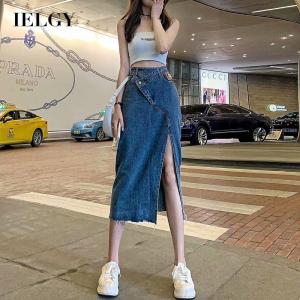 IELGY womens denim slit high waist slimming irregular skirt