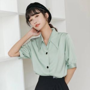 【STOCK】Korean Style Lapel Silk Satin Mid-sleeve Professional Shirt For Women Plus Size Chiffon Top