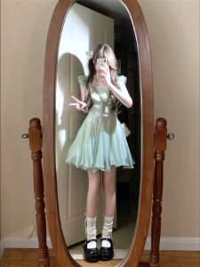 Váy Ngắn Mùa Hè Phong Cách Pháp Ngọt Ngào Tươi Mới Cho Nữ Cỡ Nhỏ Thắt Eo Thon Gọn Màu Xanh Lá Cây Váy Ngắn Dễ Thương