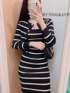 ชุดเซต 2 ชิ้น ชุดเดรส+เสื้อคลุมตัวยาว 🌈 MesubShop ❤️ ผ้าไหมพรม ทอลายทางคาดสลับสี มีกระดูม ใช้ได้จริง รุ่น สี เซตสัปปะรด