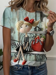 Light Blue Womens Tee - Cute Doll & Red Bag Graphic Whimsical Cartoon Print Design for Casual Daily Wear