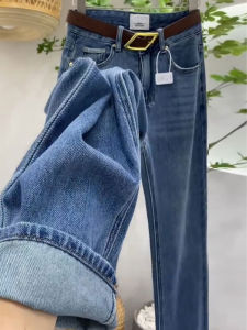 กางเกงยีนส์ทรงตรงเอวสูงสำหรับผู้หญิง กางเกงขายาวทรงหลวมสำหรับฤดูใบไม้ผลิและฤดูใบไม้ร่วง ไซส์ใหญ่ กางเกงขายาวทรงสลิมฟิต