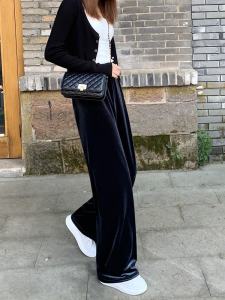 กางเกงขายาวทรงหลวมเอวสูงผ้ากำมะหยี่บุขนแกะหนา ทรงตรง ทรงหลวม ทรงลำลอง กางเกงขายาวฤดูใบไม้ร่วง/ฤดูหนาว สำหรับผู้หญิง