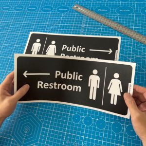 Toilet Public Restroom Arrow Direction. No Smoking. Keep Toilet Clean. Premium Sticker Sign Signage. White Blue Black.