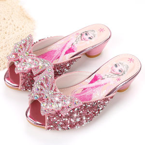 Princess Elsa Girls High Heel Slippers Summer Crystal Shoes Childrens Frozen Fashion Outdoor Baby Sandals PU Leather