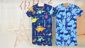【COD&Local Ship】Toddler Boys One-Piece Swimsuit Summer Short Sleeve Cartoon Animal Sun Protection Bathing Suit