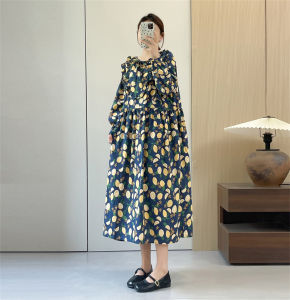 High Waist Floral Long Sleeve Cotton Dress Casual Loose Womens Korean Style Midi Skirt High Waist Casual Loose Fit Dress