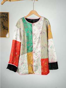 New Chinese Style Lightweight Silk Jacket Female Design Sense Integrated Leather And Fur MHL Long Sleeve round Neck Coat