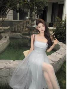 เซ็กซี่ French Blue ลูกไม้ สายคล้อง เดรส Beach Vacation Princess สำหรับงานกลางคืน Long เดรส Fairy Tale ฤดูร้อน Commute สไตล์เกาหลี High เอว