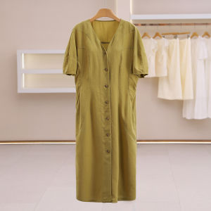Slimming V-Neck Single Button Plain Sleeveless Dress