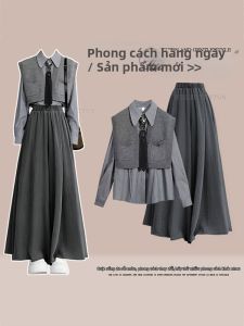 NUMEN BUTTON | Youthful Style Knit Vest Base Shirt High Waist Skirt Set
