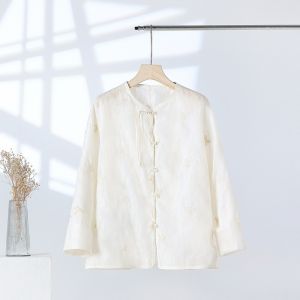 Elegant Pure Color Chinese Style Shirt with Embroidery And Button Detail Autumn Winter New Arrival Basic House Womens Casual Shirt