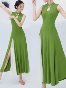 Modern Jazz Dance Dress Green Splice Open Split Practice Suit Slim Fit Backless One Piece Skirt Long Summer Gown for Women