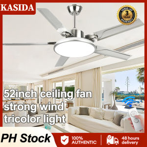 KASIDA 42inch ceiling fan with light modern ceiling lights with fan and remote control 3 colors lights 6 Speeds ceiling fan 5 blades big Stainless steel ceiling fan with led light dc motor ceilings fan S for dining room living room bedroom