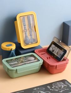 กล่องอาหาร กล่องอาหารกลางวันแบบพกพา พร้อมช้อนและตะเกียบ ใส่ไมโครเวฟได้