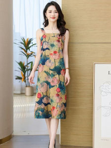 Spring Summer Floral Print A-Line Midi Dress Womens Sleeveless Gown National Style Casual Office Dress for Lady