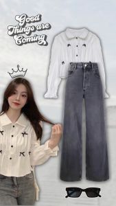 3 1 set korean style ( Blouse Pita + Celana Jeans + Kacamata ) one set Setelan kekinian AM294R
