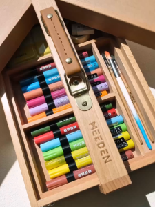 MEEDEN Artist Supply Storage Box - Portable Foldable Multi-Function Beech Wood Artist Tool & Brush Storage Box with Compartments & Drawer for Pastels Pencils Pens Markers Brushes