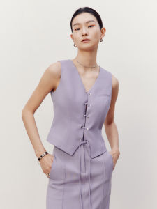 HPLY Spring New Womens Stylish Waist-Cinching Drawstring Suit Vest HDD11660020 Commute Style V-neck Polyester Wool Blend