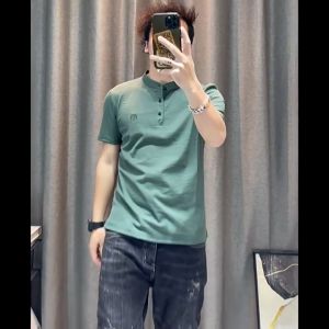 Mens Short-sleeved T-shirt 2023 Summer New Stand-up Collar Tencel Cotton Linen Half-sleeved Shirt High-end Mens Tops