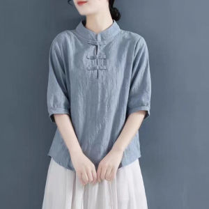 Áo Thun Cotton Lanh Rộng Rãi Cổ Đứng Tay Giữa Cổng Cài Nút Phong Cách Trung Hoa Áo Trà Zen Cho Nữ Mùa Hè Thường Ngày