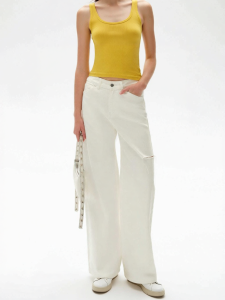 CALLED BACK | Womens Cotton Wide Leg Straight Jean Pants White Ripped