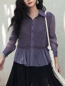 QINGNAER | Stylish French Oversized Long Sleeve Purple Pleated Ruffled Blouse