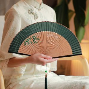 Portable Green Folding Fan for Women Traditional Chinese Qipao Style Handheld Summer Fan Artistic Embroidery Bamboo Frame