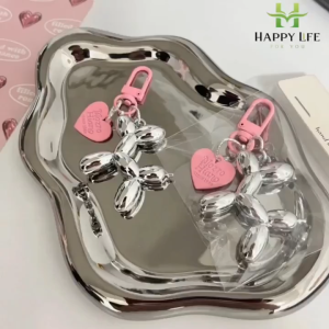 Móc Khóa Charm Chó Bóng Bay Inox Kèm Trái Tim Cute – Set 2 Cái – Trang Trí Túi Xách Balo Chìa Khóa