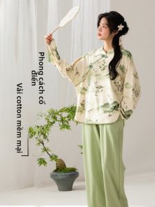 MiiOW | Pure Cotton New Chinese Style Womens Sleepwear Long Sleeve Loose Home Clothes Breathable Comfortable Spring Summer Nightgown