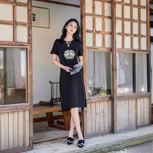 New Chinese Style Embroidered Button Dress Slimming Design Fashionable Short Sleeve Long Split Skirt Cotton Polyester Knitted A-Line Summer Dress