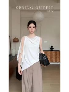 CHACHASTU | Áo Blouse Không Tay Flap Không Đều Có Nút Ở Vai Phía Một Bên