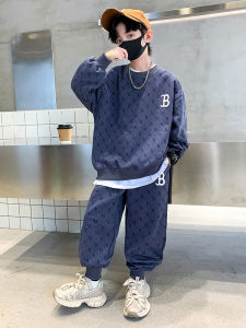 ชุดกีฬาฤดูใบไม้ผลิและฤดูใบไม้ร่วงสำหรับเด็กชาย ชุดสองชิ้น ผ้าผสมคอตตอน แฟชั่นสำหรับเด็กชาย ชุดลำลอง คอกลม แขนยาว