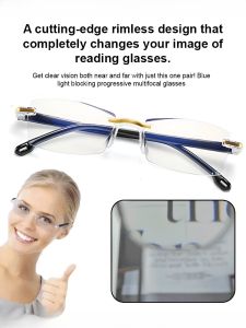 แว่นอ่านหนังสือไร้กรอบ HD ขอบตัดเพชร แว่นอ่านหนังสือป้องกันความเมื่อยล้า เลนส์ซูมอัจฉริยะ