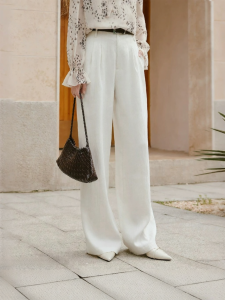 XIANGYING | Quần Dài Thẳng Trắng Từ Vải Linen Phong Cách Văn Phòng - Đời Thường