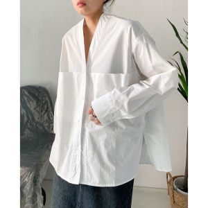 Elegant Pure Cotton White Shirt V-Neck Long Sleeve Loose Fit Womens Premium Style Versatile Design Spring 2025 Fashion Trend