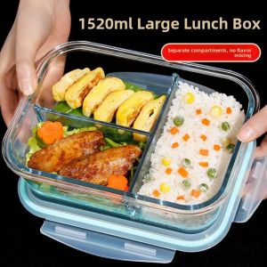 Large Capacity Three-Compartment Insulated Glass Lunch Box Microwave Safe High-Temperature Resistant Multi-Specification Set for Adults