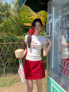 Song Zhengen White Sweet Spicy Letter Print Short Sleeve Cotton T-Shirt Womens Summer Slim Fit Short Style Top Korean Version