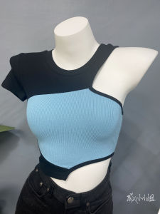 Áo Thun Tay Ngắn Hở Eo Thiết Kế Bất Đối Xứng Phong Cách Mỹ Gợi Cảm Mùa Hè 2021 Cổ Tròn Ôm Vừa Vặn Chất Liệu Khác