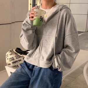 Early Autumn Short Pure Cotton Sweatshirt Jacket Womens Regular Fit Spring Autumn Style Zipper Pocket Hooded Cardigan