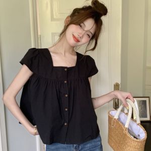 Korean Style Sense of Design Square Collar Shirt Womens Doll Shirt Summer New Arrival Western Style Slimming Short Sleeve Sweet Single Breasted Tops