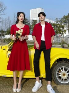 French Style Couple Matching Summer Red Wedding Dress Shirt Set Large Size Engagement Party Marriage Registration New 2025