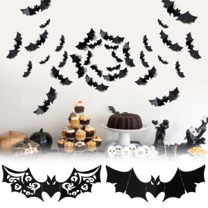 64/16ชิ้นค้างคาวสีดำ3D ตกแต่งฮาโลวีนสติ๊กเกอร์ DIY กลวงแถบสติกเกอร์ผนังห้องฮาโลวีนปาร์ตี้น่ากลัวอุปกรณ์ประกอบฉากถอดออกได้