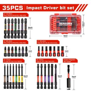 Geinxurn 35PCS Screwdriver Bits Set Magnetic S2 Steel 1”/2 Impact Bit Holder with Red Box for Motorcycle Maintenance